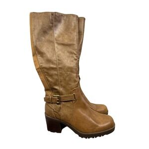 Comfortiva Brown Faux Leather Knee High Boots Buckle Side Zip Women's Size 8.5